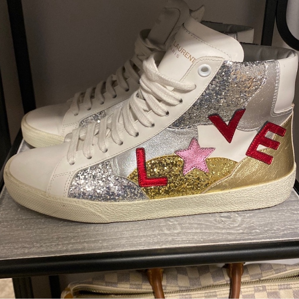Saint Laurent Women's High-Top Sneakers - White, Silver, Gold, Red